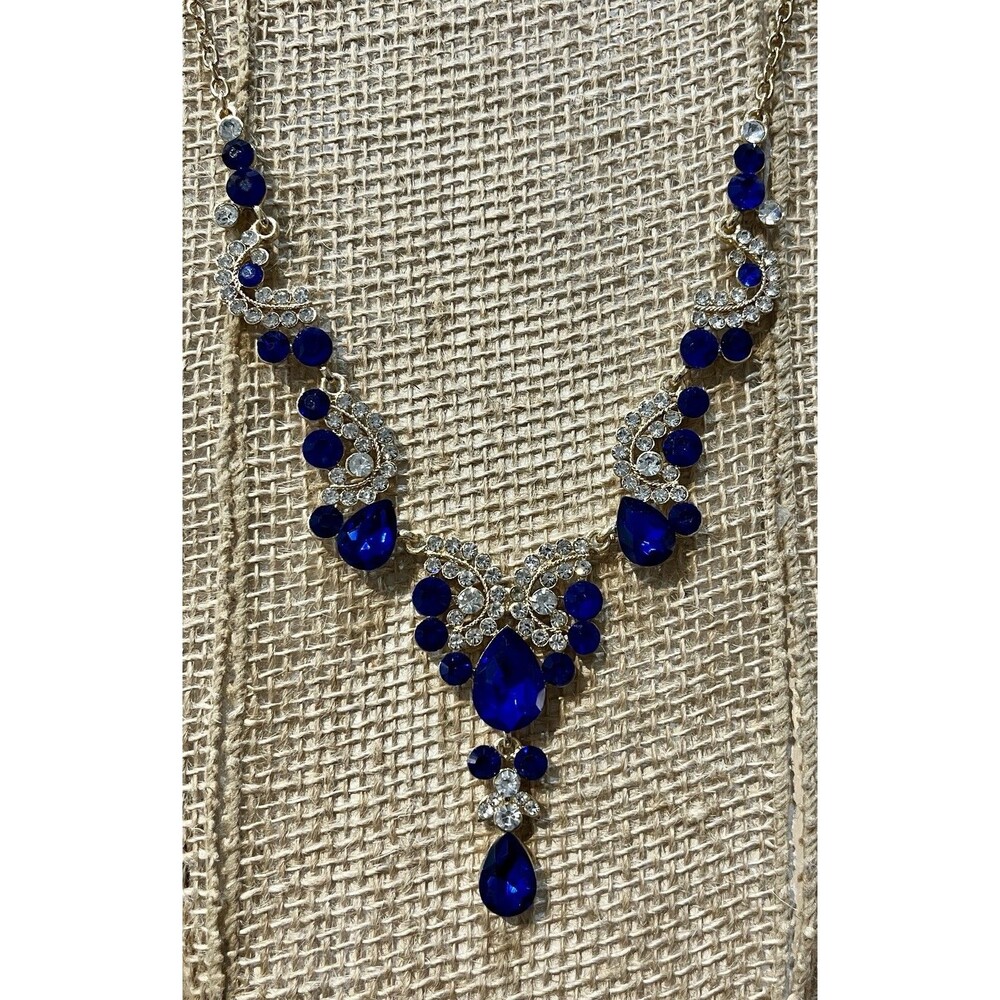 Cobalt Blue Y Drop Necklace Gold Tone Rhinestone Statement Wedding Prom - Picture 2 of 8